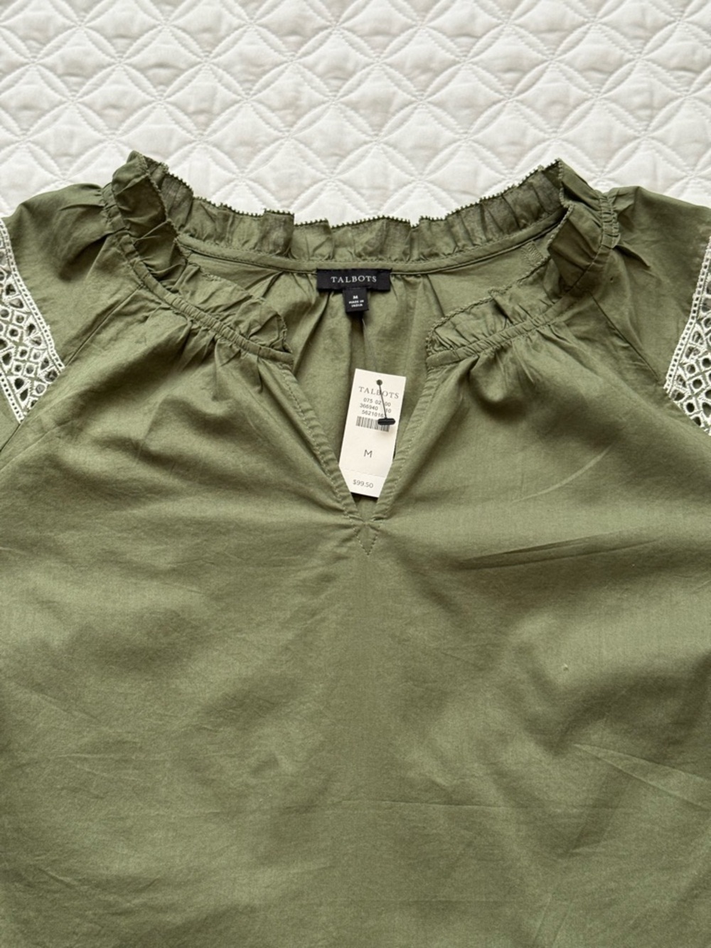 NWT Talbots Olive Green Embroidered Eyelet Sleeve Ruffle Neck Blouse Size Medium - Picture 6 of 15